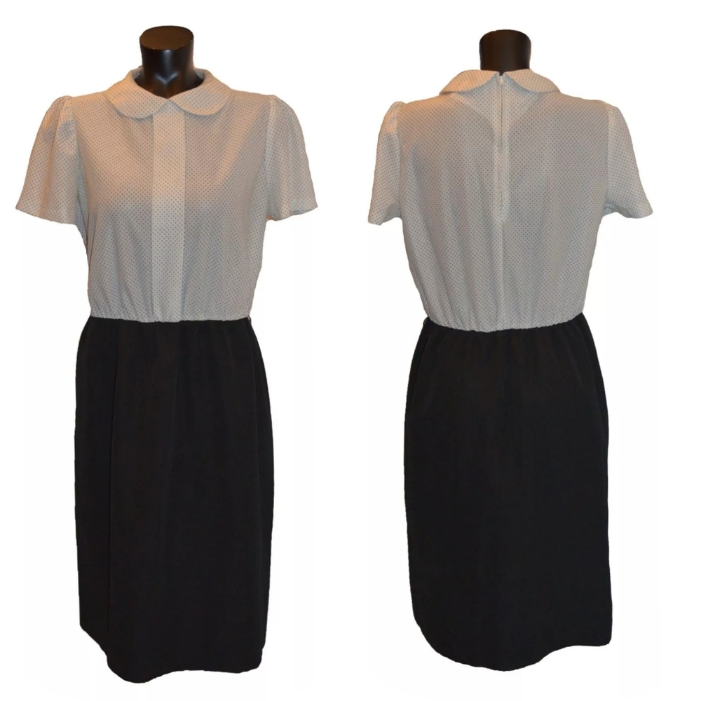 Mijoi Vintage 50s 60s White & Black Polka Dot Collared Pencil Dress sz 11/12